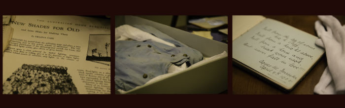Three images show items from the collection, including an article written by Helena Cass and her nursing uniform.