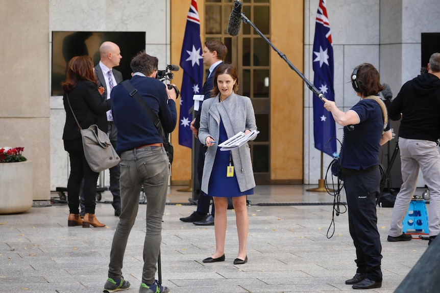 Man holding camera, woman holding boom microphone in front of woman standing outside Parliament.