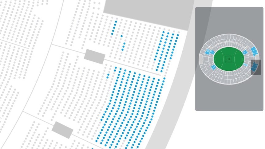 A screenshot of a ticketing agency website showing pockets of empty seating at Perth Stadium.