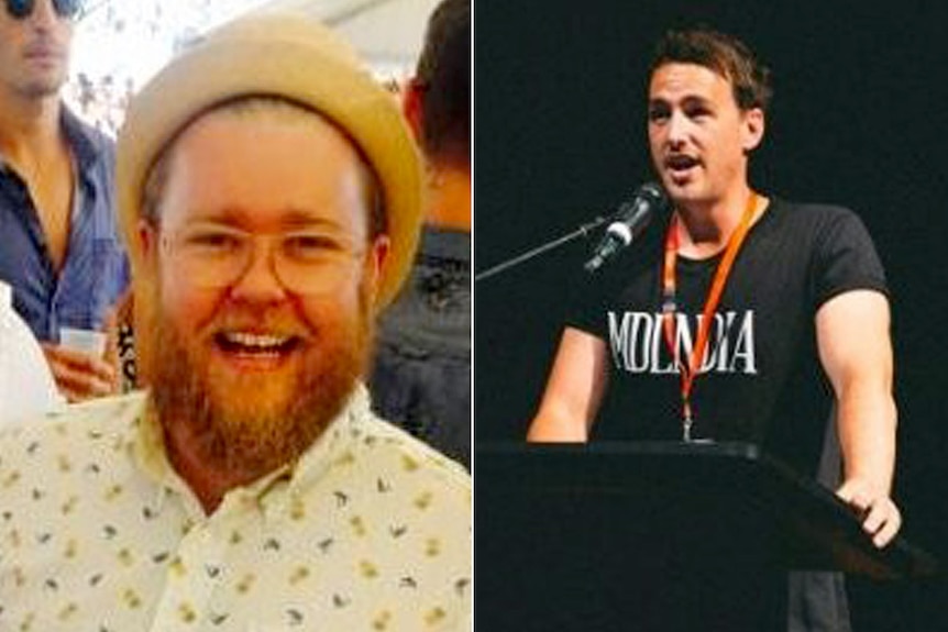 Composite photo - Aaron smiles wearing a hat and button-up shirt, Paul speaks into a microphone at a podium.