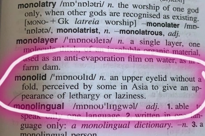 《麦考瑞词典》关于单眼皮词条的定义令人震惊。