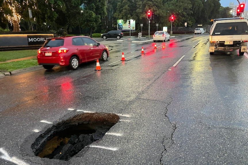 Sinkhole on the road in Brisbane.