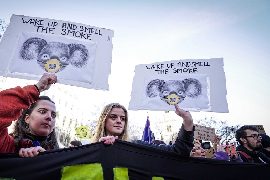 Two women hold up signs showing koalas wearing face masks reading "wake up and smell the smoke"