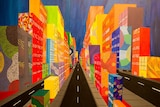 The view down a skyscraper-lined street painted in the bright colours, dots and lines typical of Aboriginal art.