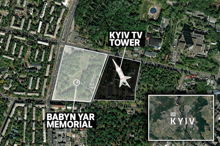 A graphically enhanced map shows an aerial shot of Kyiv overlayed with location details for a memorial and a tv tower.