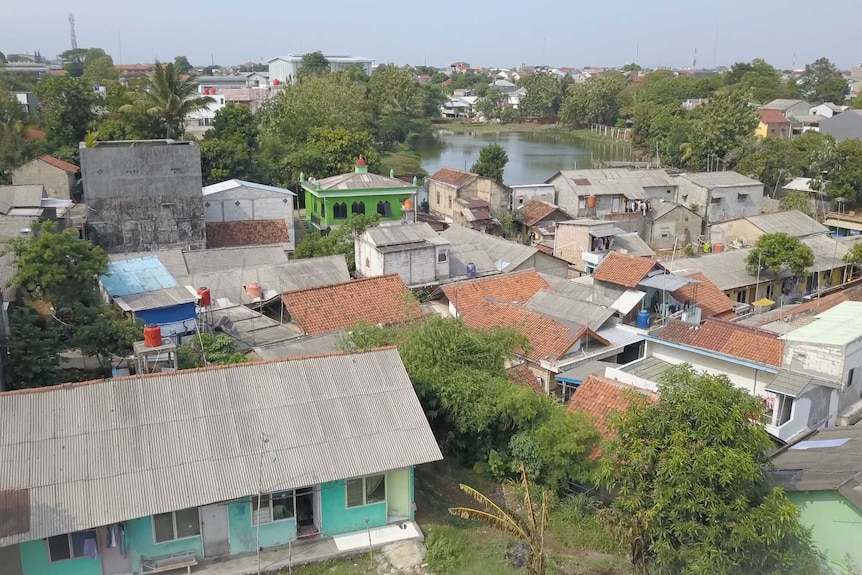 A drone shot of a village in Indonesia