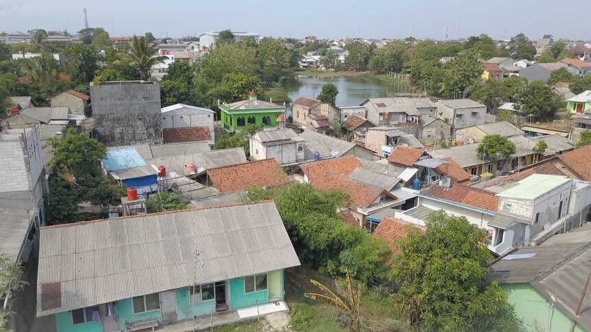 A drone shot of a village in Indonesia