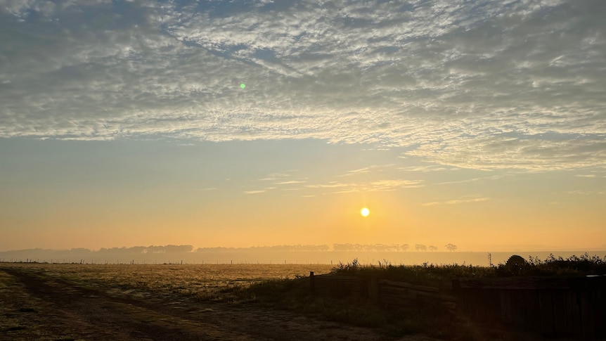 An intense ball of light sits low in the sky, below ripples of clouds. the haze in the air makes the lower a bright orange