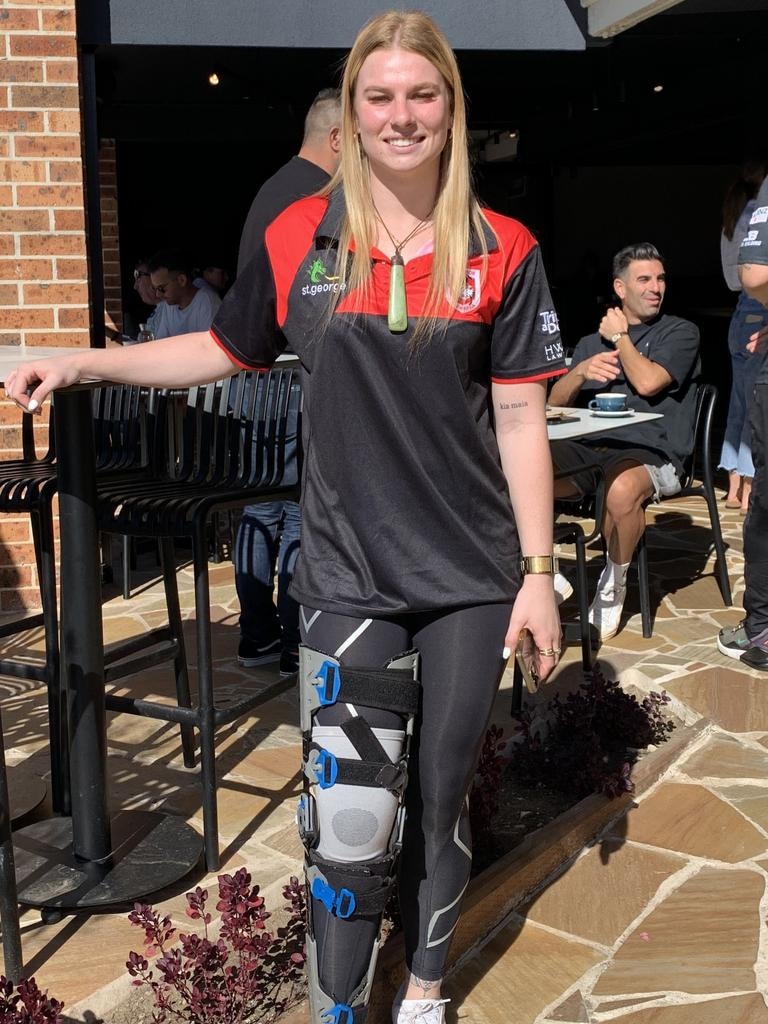Rugby league player Tayla Curtis wearing a knee brace.