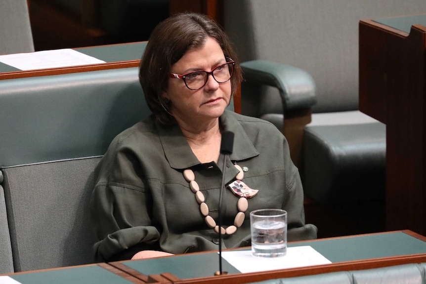 Ged Kearney, wearing a large beaded necklace and red glasses, sits in seat. There is a glass of water on the table in front