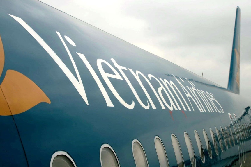 A Vietnam Airlines plane sits at a gate.