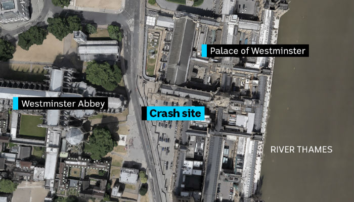 Site of the crash outside the Houses of Parliament in Westminster, London.