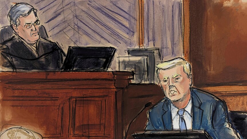 A courtoom sketch of Donald Trump speaking from a witness stand as a male judge watches on above him