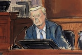 A courtoom sketch of Donald Trump speaking from a witness stand as a male judge watches on above him