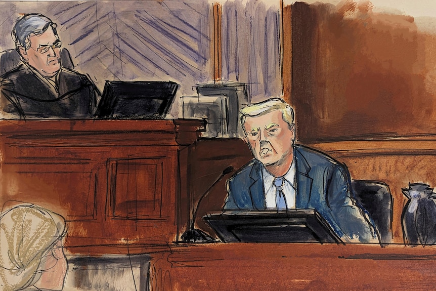 Eine Gerichtsskizze, in der Donald Trump aus dem Zeugenstand spricht, während ein männlicher Richter über ihm zuschaut
