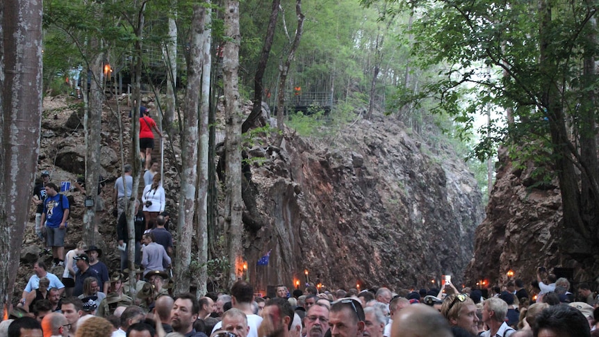 Crowds climb sections of Hellfire Pass in Thailand on Anzac Day 2014.