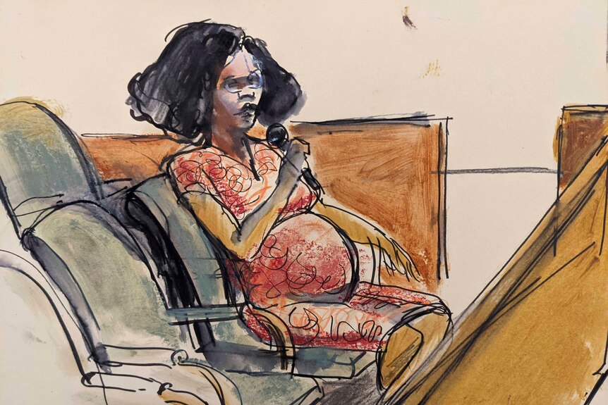 A courtroom sketch of a pregnant woman in a red dress testifying.