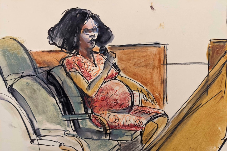 A courtroom sketch of a pregnant woman in a red dress testifying.