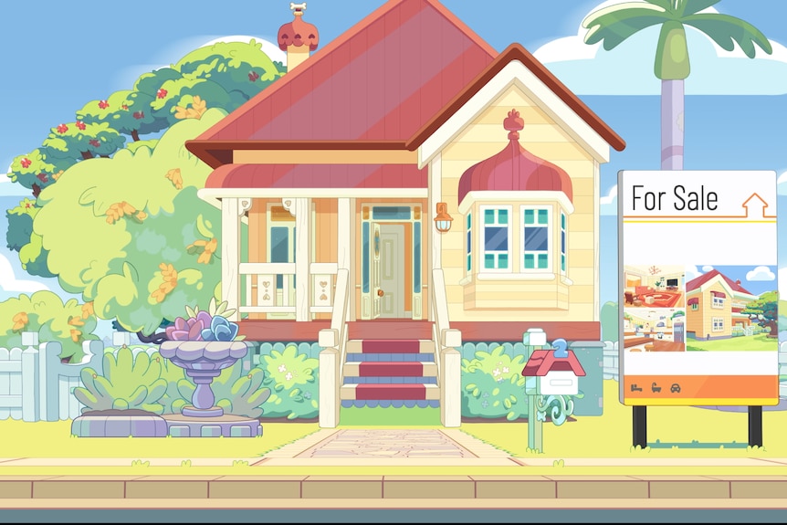 A colourful cartoon house with a For Sale sign out the front.