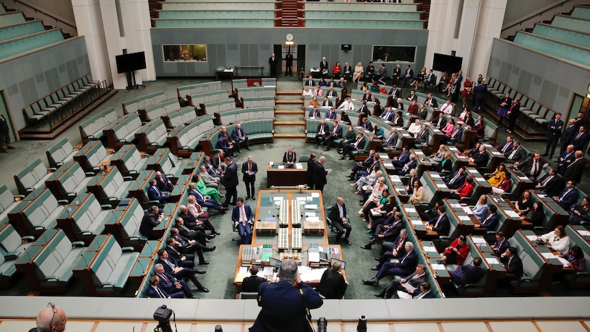 Above view of inside parliament, a large group sit on the right a much smaller group on the left. 