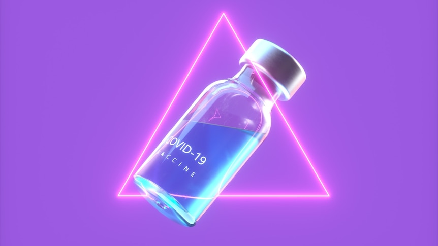 Digital generated image of COVID-19 vaccine bottle inside pink neon triangle against purple background.