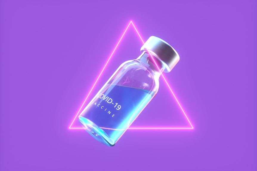 Digital generated image of COVID-19 vaccine bottle inside pink neon triangle against purple background.