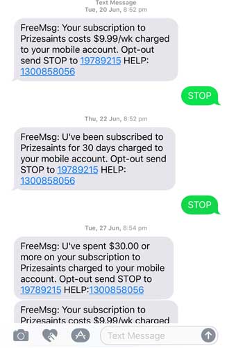 A screenshot of text message with STOP opt-out reply