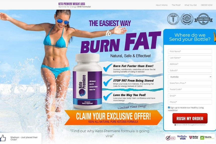 An example of the keto pills website, linked to from ads featuring Dr Brad McKay.