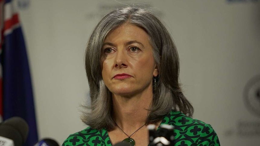 A woman with grey hair stands behind a podium with microphones