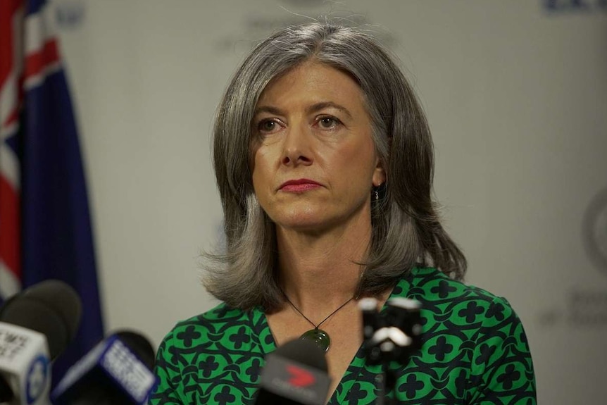 A woman with grey hair stands behind a podium with microphones