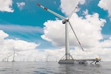 Wind turbines floating off shore as part of a wind farm