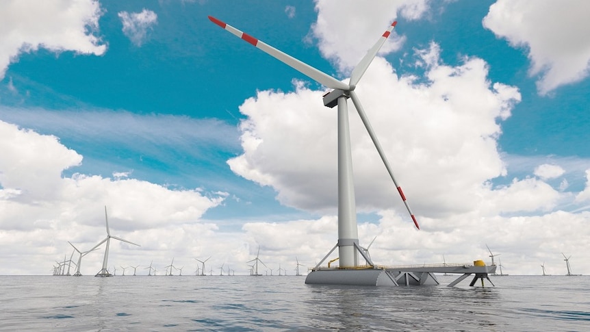 Wind turbines floating off shore as part of a wind farm