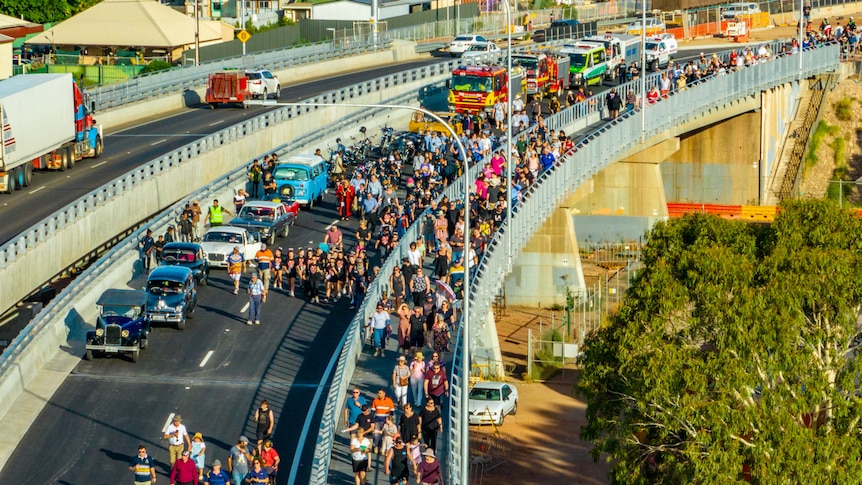 The Port Augusta community marched over the Joy Baluch Bridge after it was opened. 
