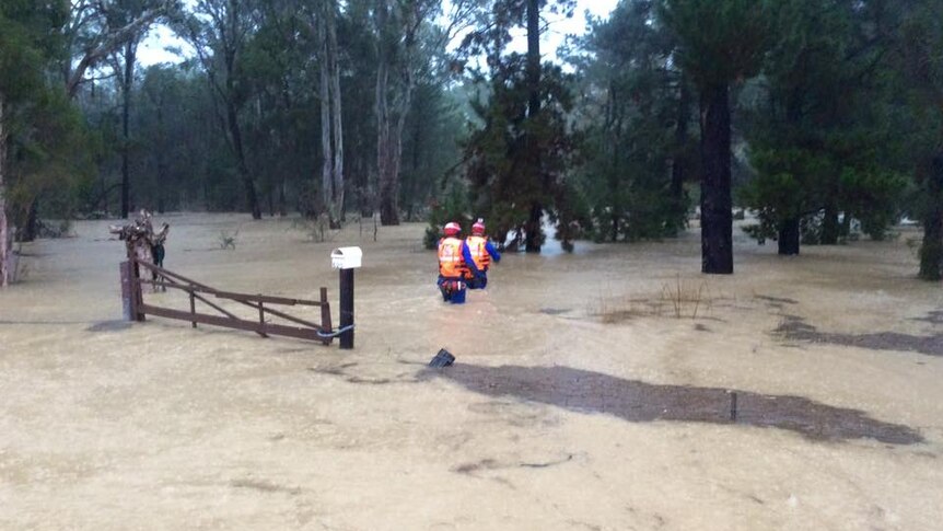 State Emergency Service volunteers making their way through flood waters in the Canterbury region.