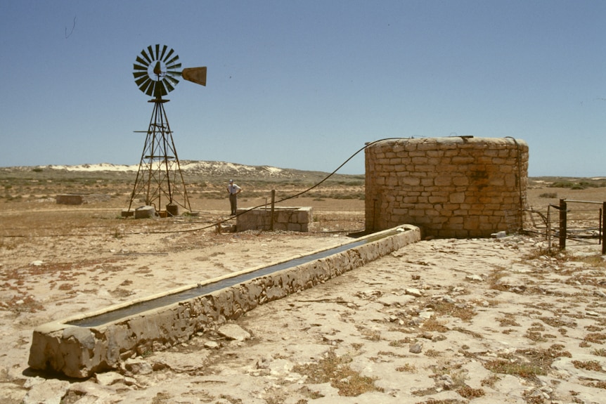 A windmill and water trough on dry country land.