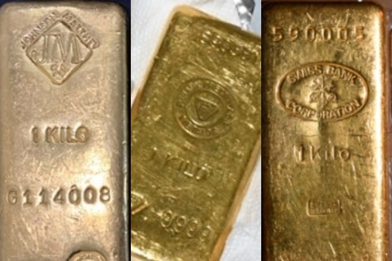 three images of three gold bars, with inscriptions such as '1 kilo' and 'Swiss Bank Corporation'