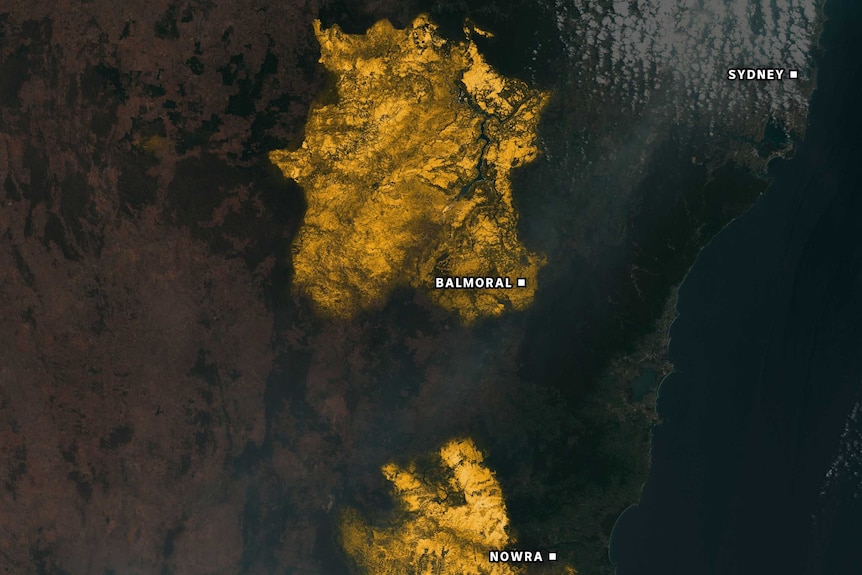 Satellite imagery showing fire scarring near Sydney