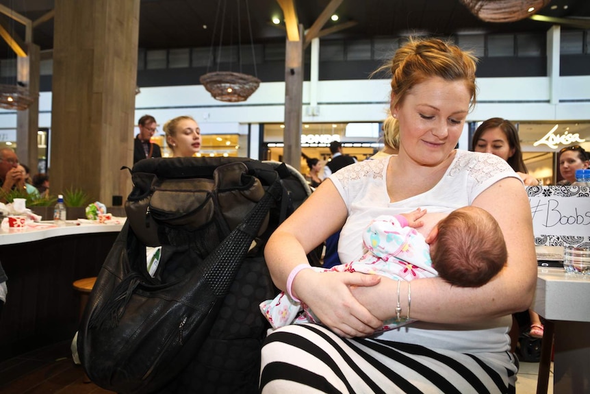 Michelle Van Zyl leads the Mass breast feeding protest at a Bendigo shopping centre.