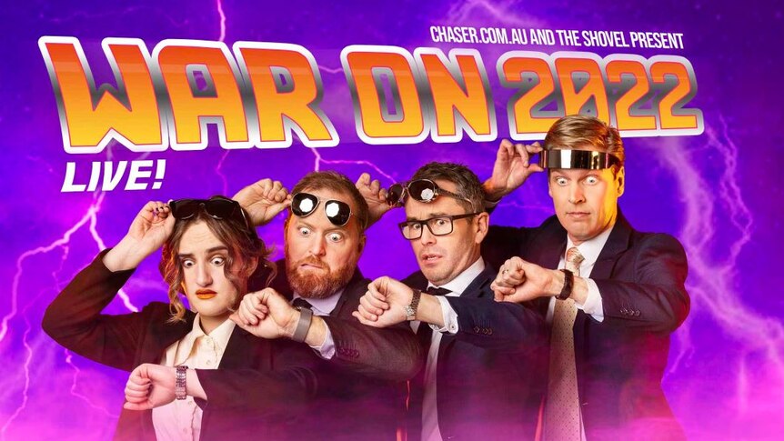 PROMO image reads War on 2022, it features four people in suits lifting their glasses and looking at their watches