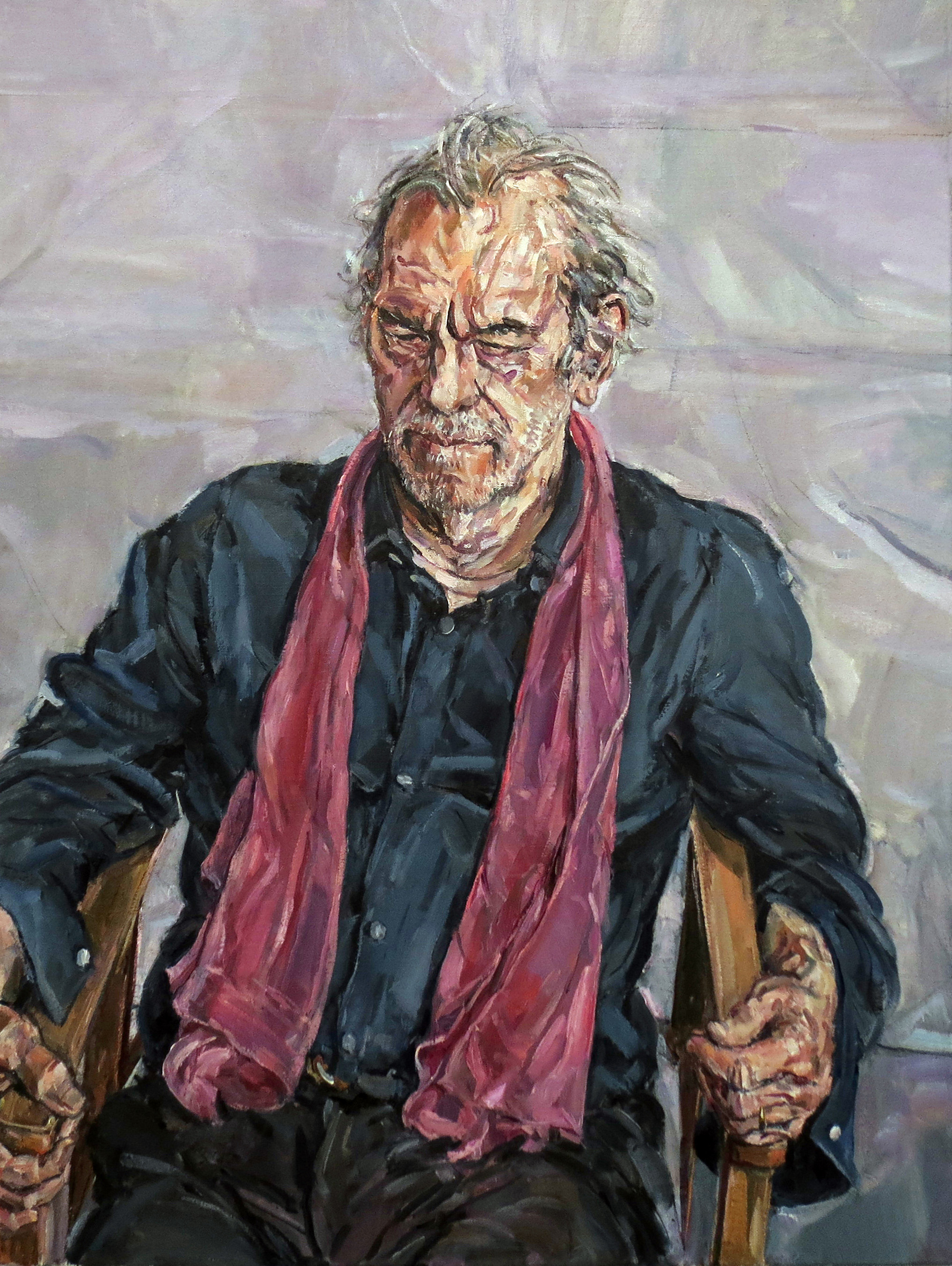 An oil portrait painting of a grey-haired white middle-aged man seated and wearing a navy shirt and crimson scarf.