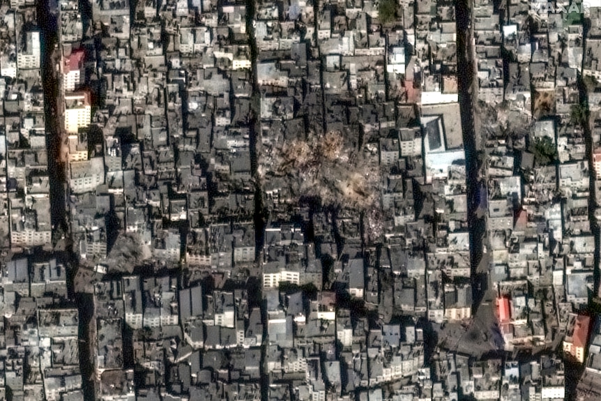 A satellite image showing an overview of Jabalia Refugee Camp in Gaza.