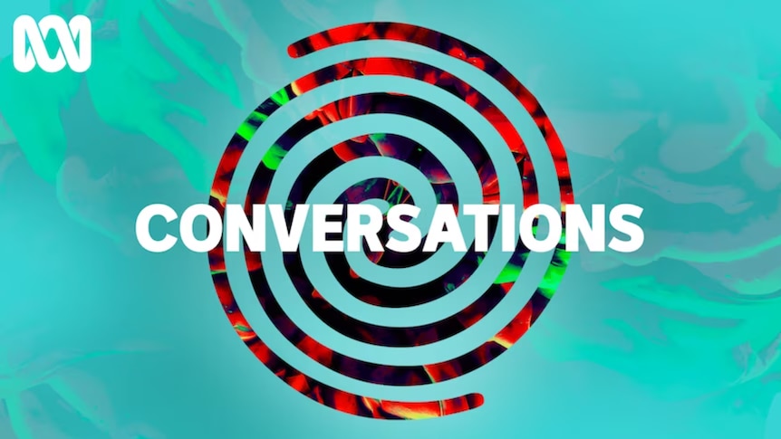 Stylised turquoise background with spiral logo and "Conversations" text in caps overlayed. ABC logo in top-left corner.