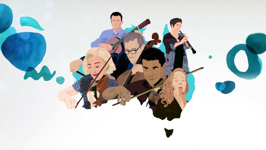 An illustration of musicians sitting on top of a map of Australia.