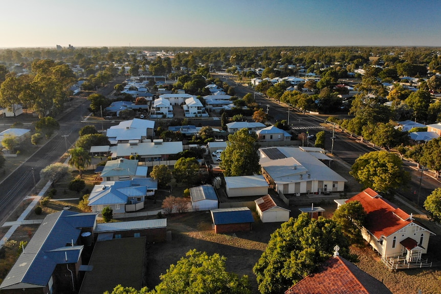 A drone image of housing in a regional town.