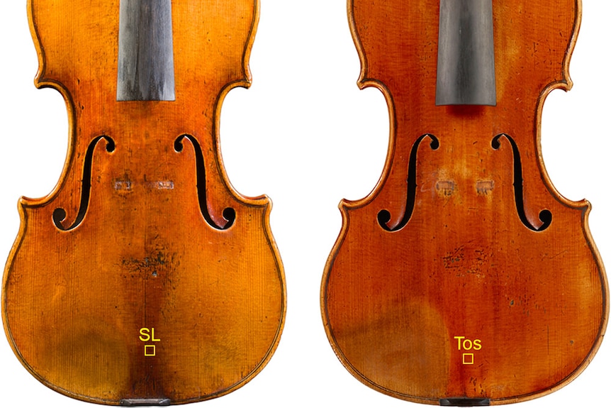 Two front-on Stradivarius violins, with the sampling areas used in this study marked with little yellow squares.