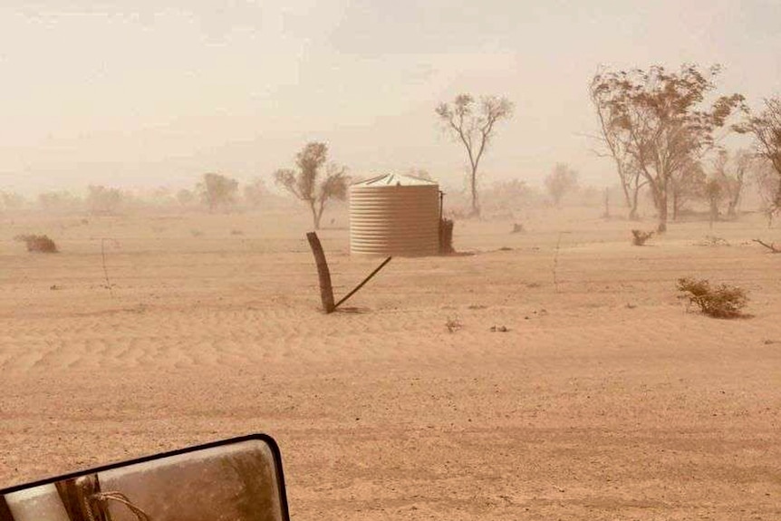 Looking out the car window at the haze of a dust storm near Dirranbandi in 2018.