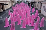 Naked people standing under pink veils.