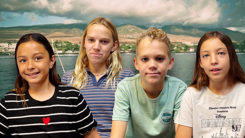 Collage of four students against a background of a Hawaii island.