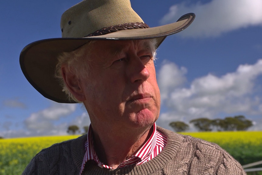 A man with white hair wearing a hat looks out with yellow fields behind him.