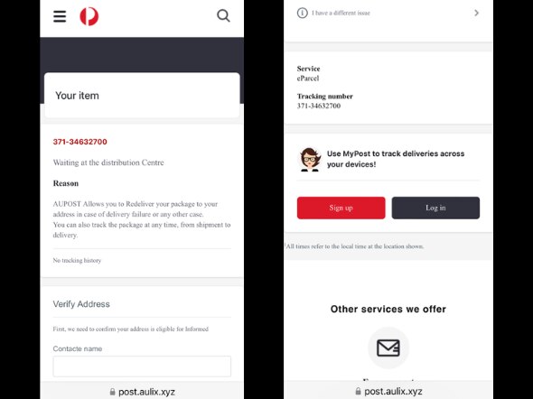 Screenshots of a website sporting Australia Post brand elements such as colours and icons